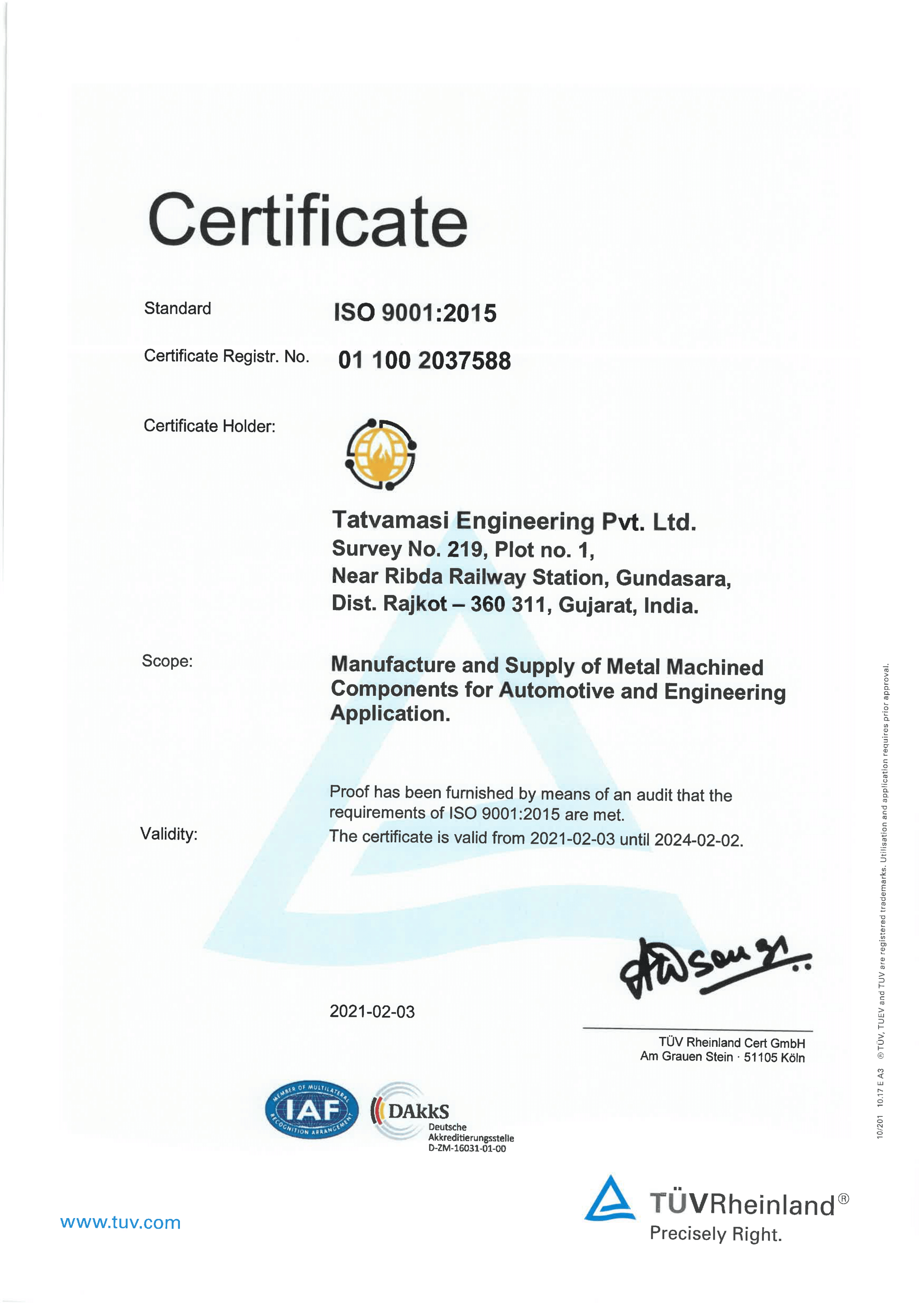 Tatvamasi Engineering | Certificate